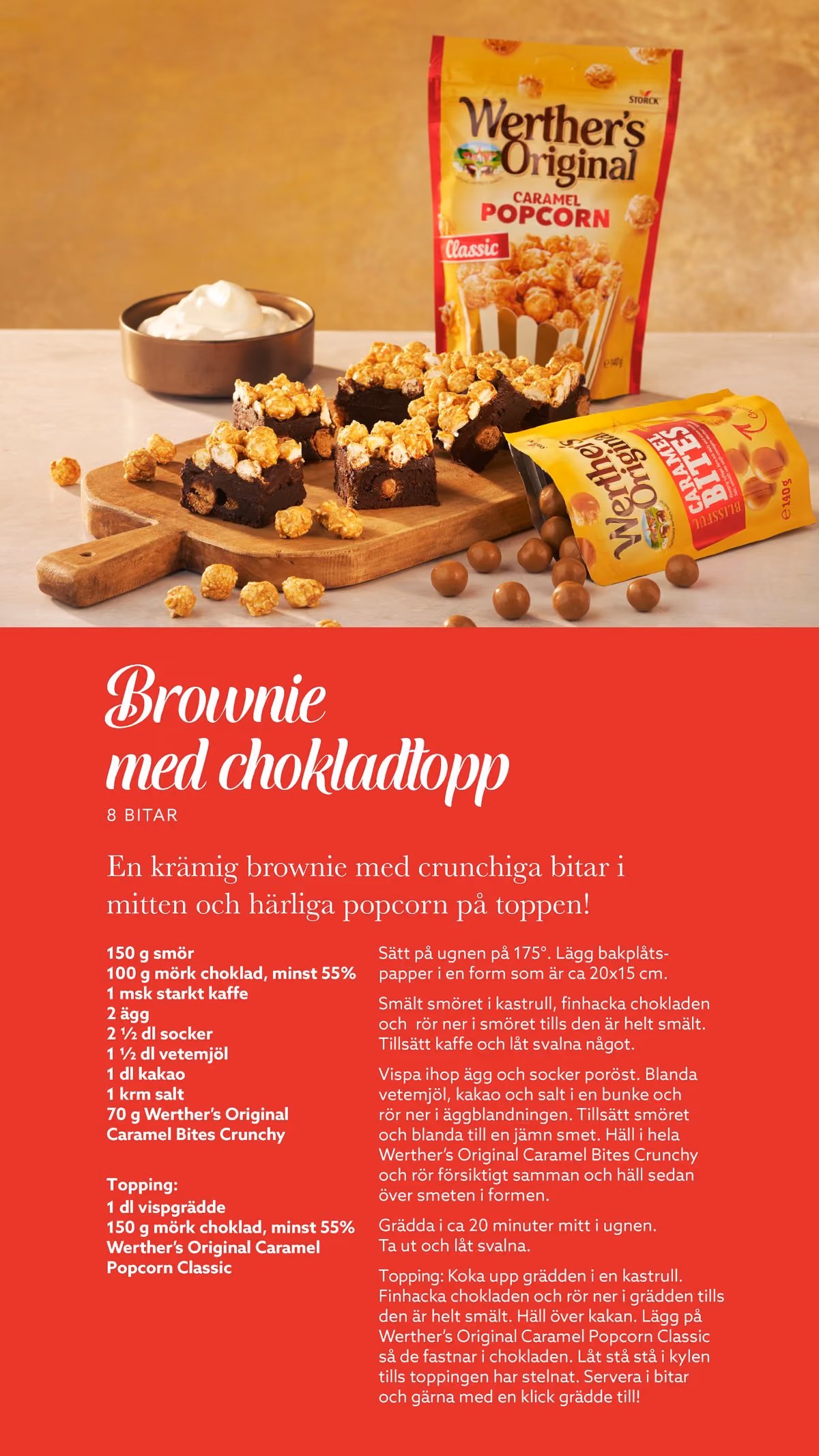Brownie squares topped with caramel popcorn on a wooden board, with Werther's popcorn and caramel bites bags.