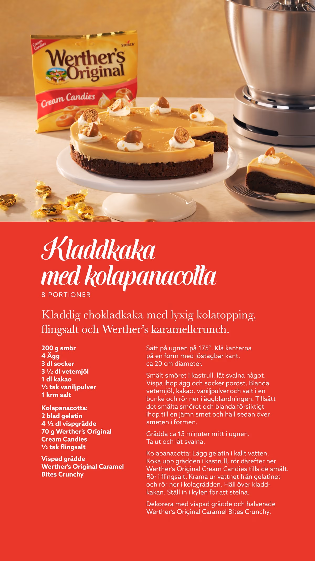 Chocolate cake with caramel topping and whipped cream, Werther's Original candies and recipe text in Swedish.