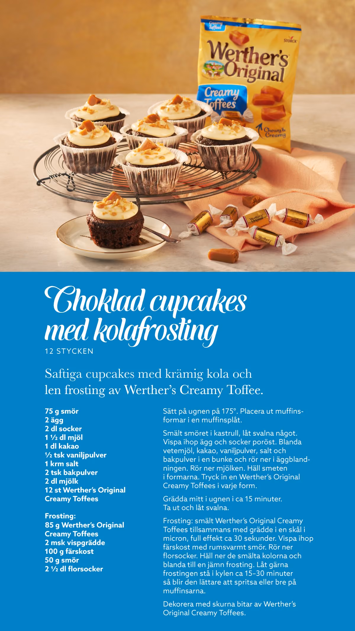 Chocolate cupcakes with creamy caramel frosting topped with Werther's Original Creamy Toffees on a wire rack.