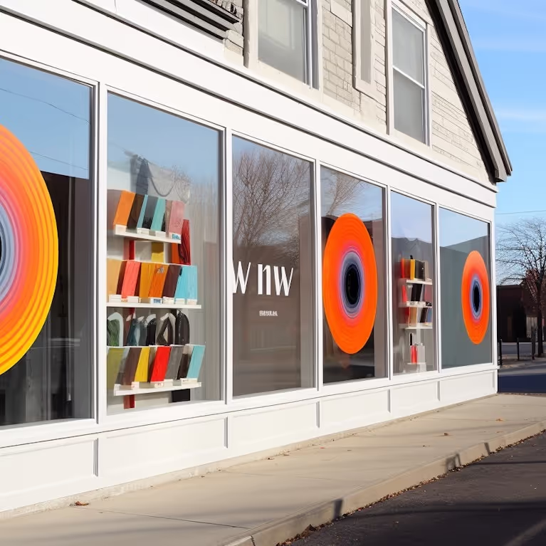 Storefront with large windows displaying colorful fabric rolls and bright circular art.