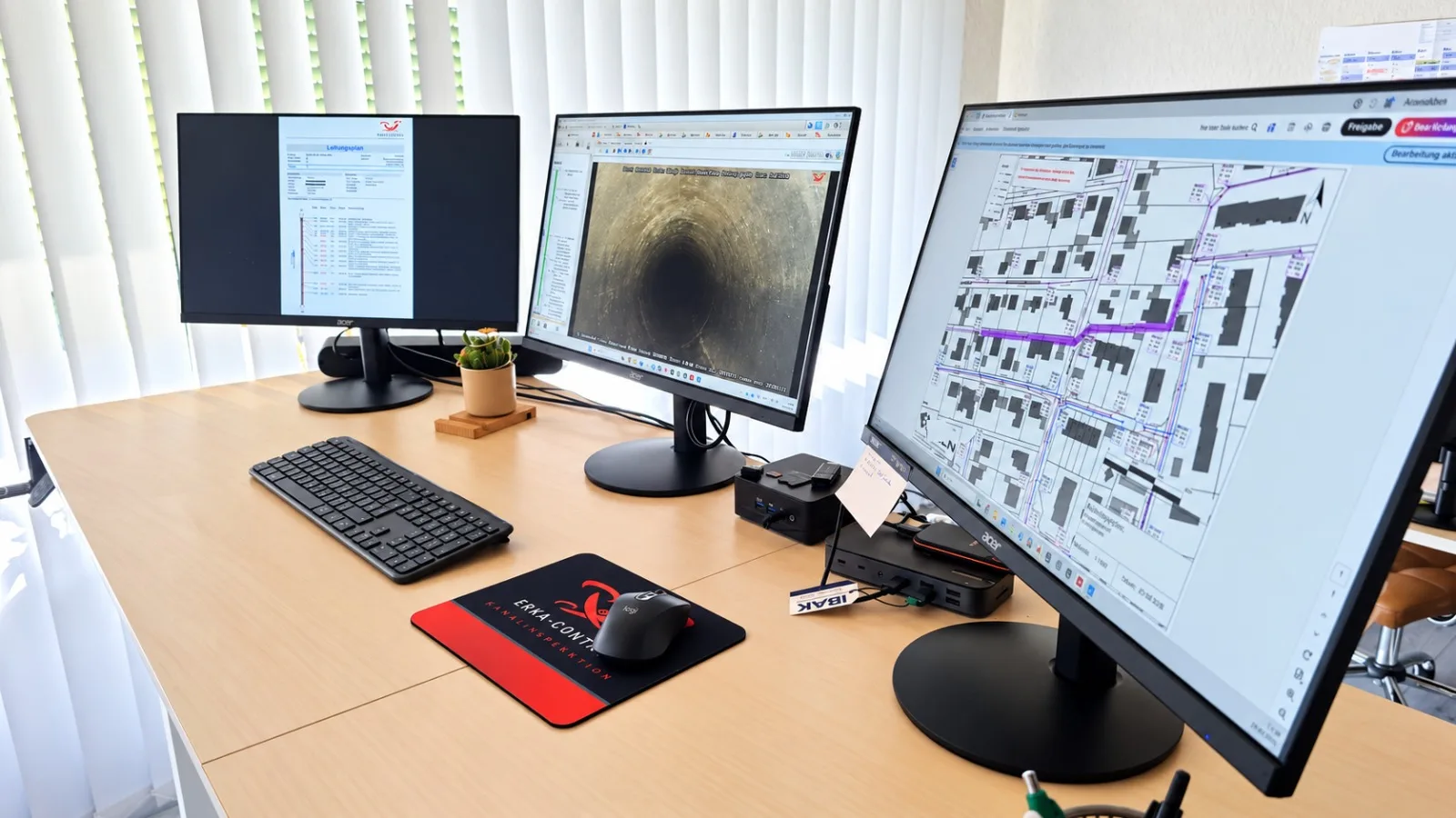 Arbeitsplatz der Datenauswertung bei ErKa-Control mit drei Monitoren: Leitungsplan, Kamerabild aus dem Kanal und Lageplan mit Haltungen