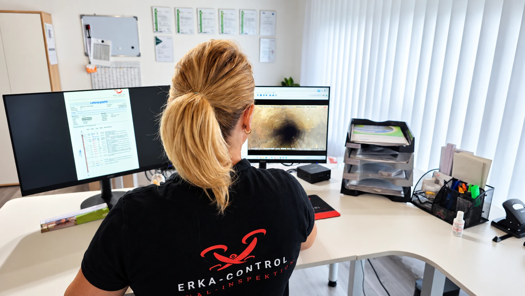 Mitarbeiterin von ErKa-Control wertet am Doppelmonitor Kanalinspektionsdaten aus, links Leitungsgrafik, rechts Kamerabild aus dem Kanal