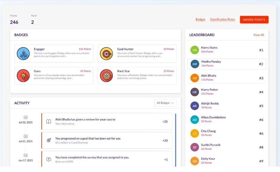 Screenshot of the Engagedly UI.