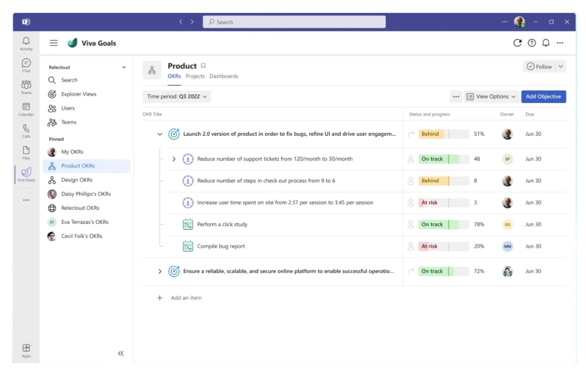 Screenshot of the Viva Goals UI.
