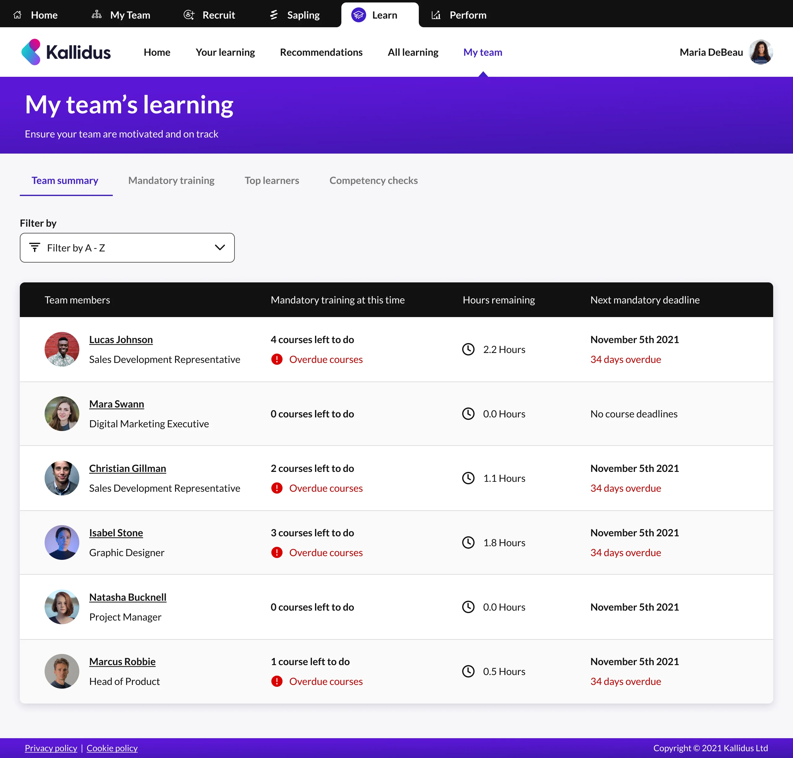 Screenshot of the Kallidus UI.