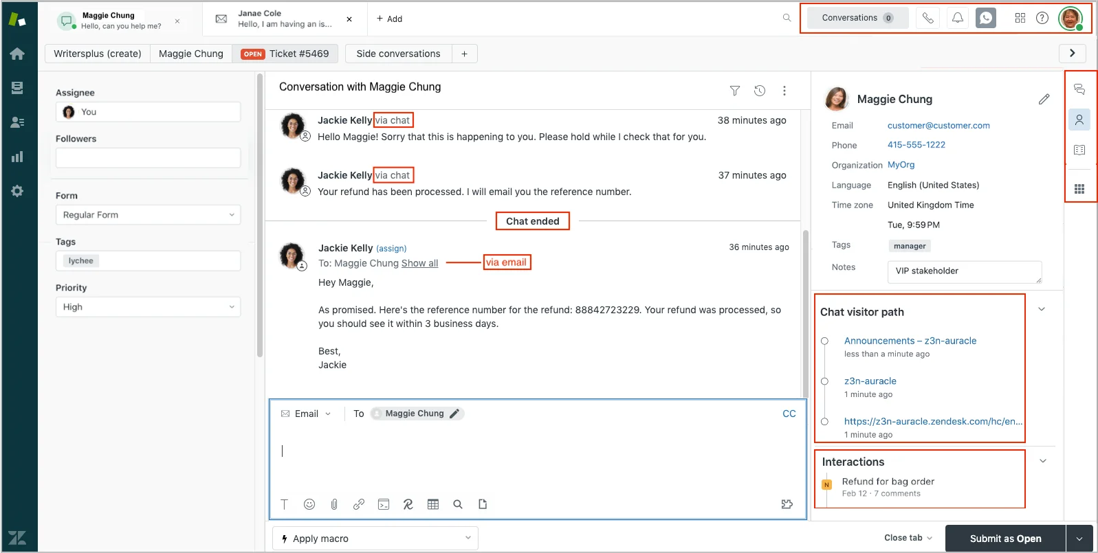 Screenshot of the Zendesk UI