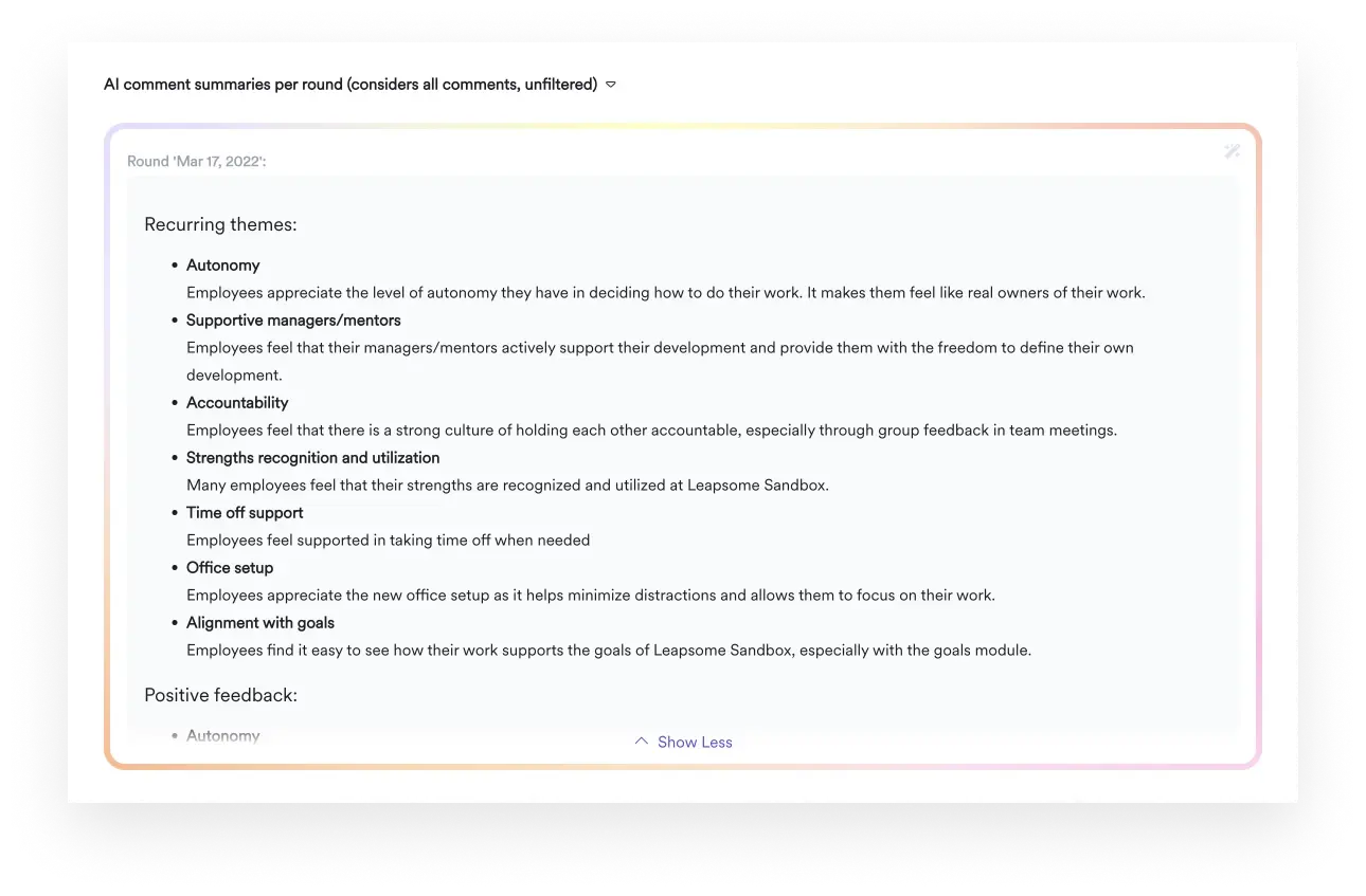 A screenshot showing how Leapsome Surveys use generative AI to identify recurring themes.