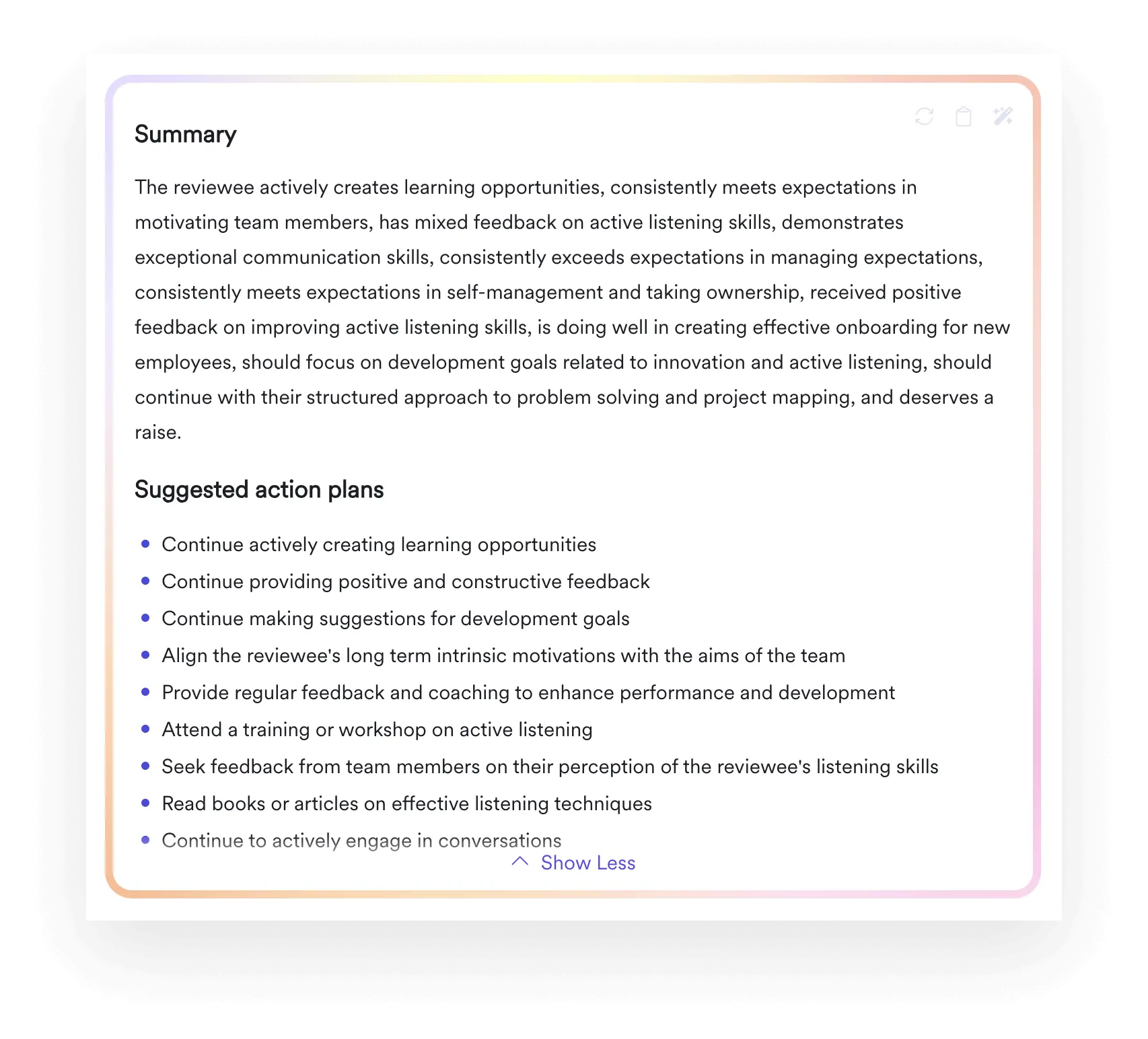 A screenshot of Leapsome's AI-powered Reviews module, which uses generative AI to summarize review results and provide action plans.