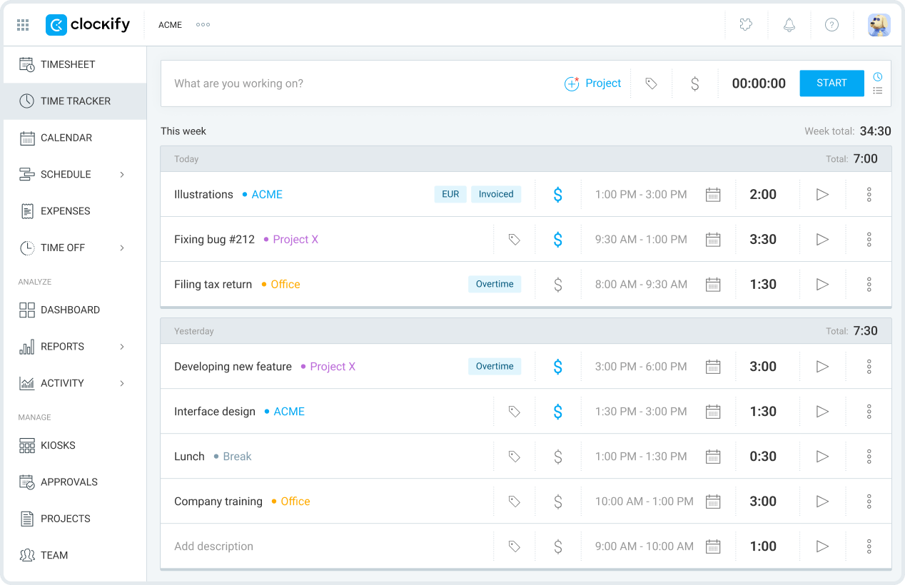 A screenshot of Clockify's time-tracking interface displaying different time entries.