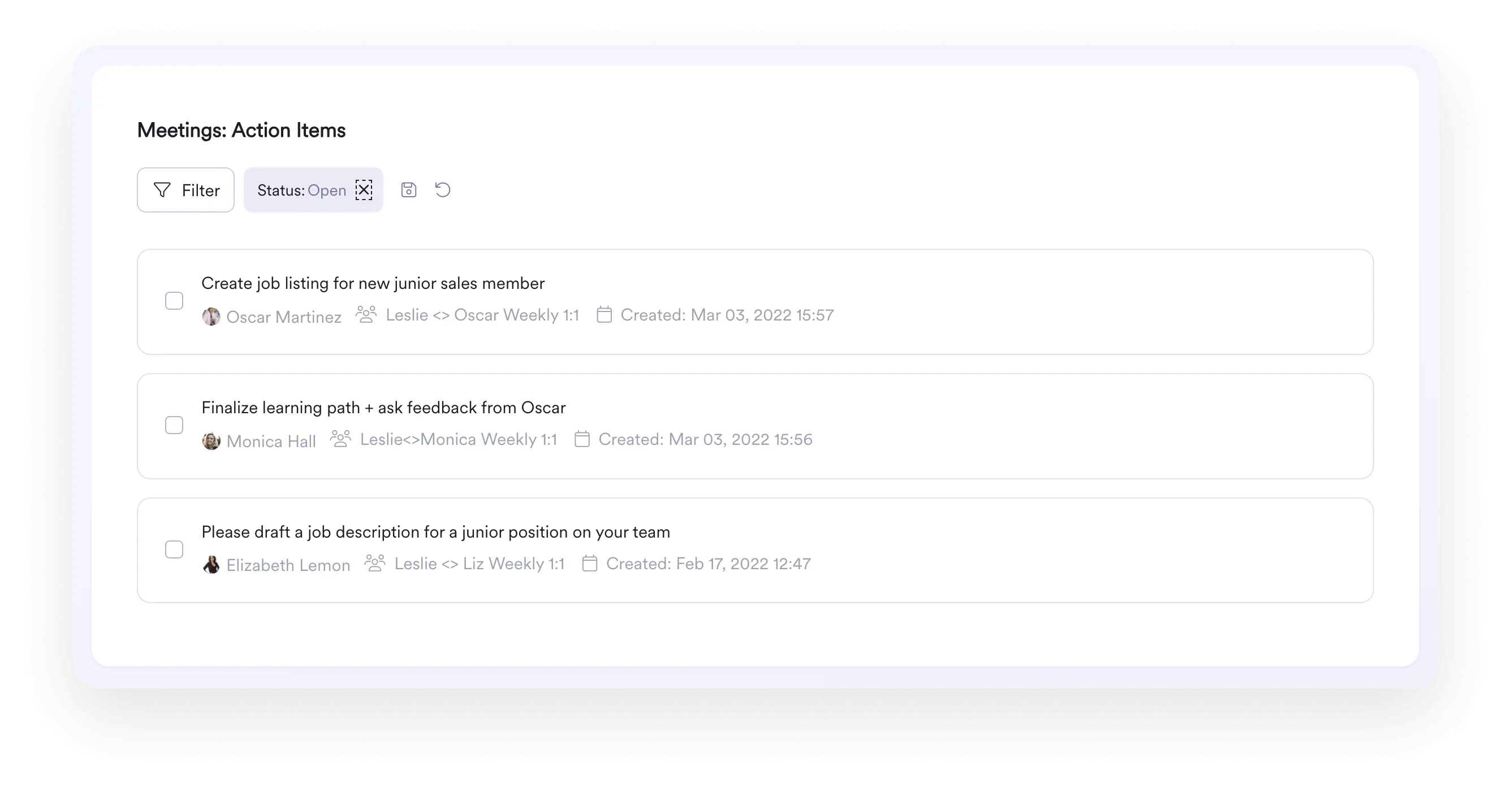 A screenshot from the Leapsome Meetings module, showing a list of the key items to be actioned after a meeting, which can be allocated to individuals and marked as done via checkbox.