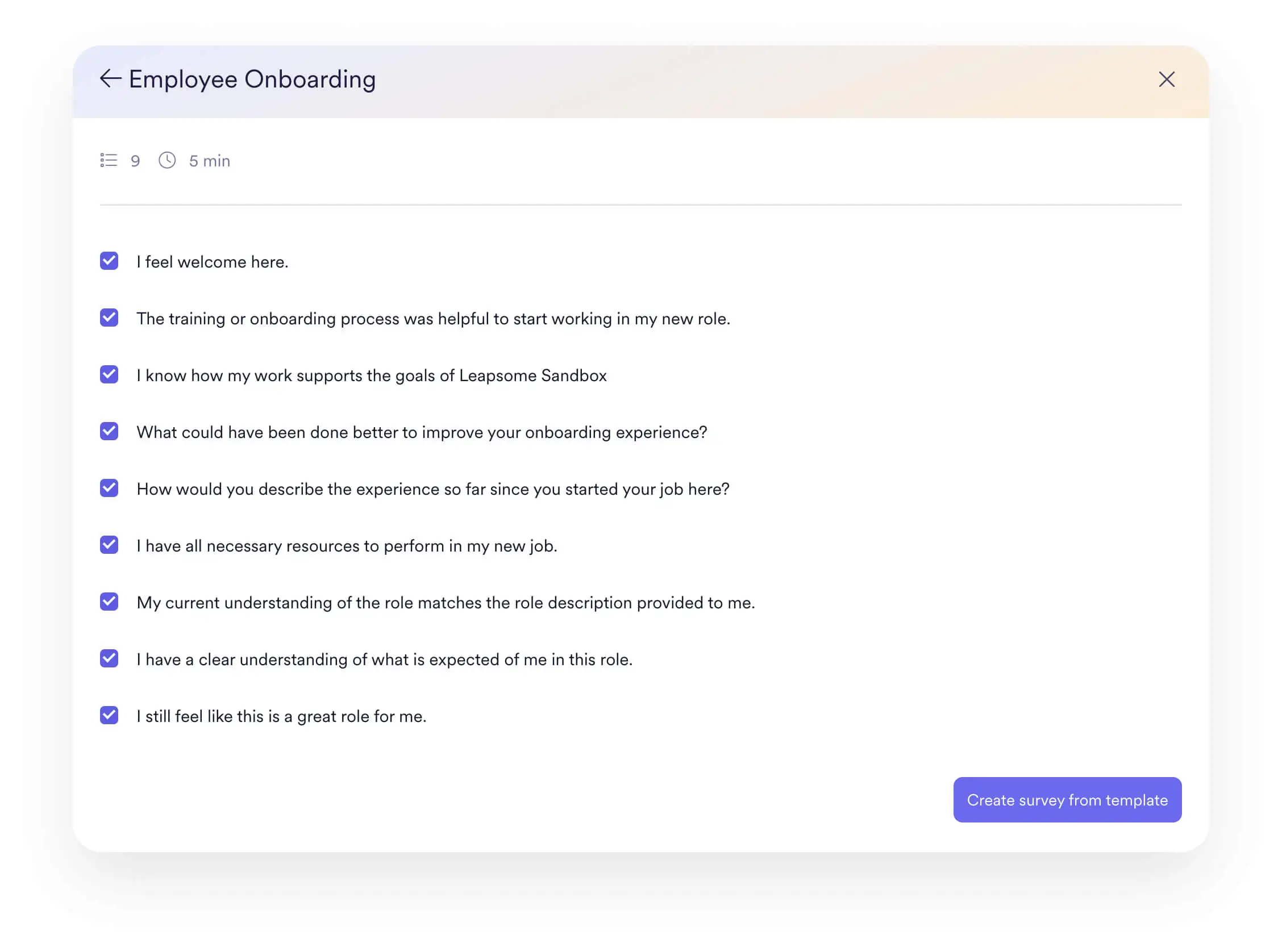A screenshot of the Leapsome interface showing an employee onboarding survey.