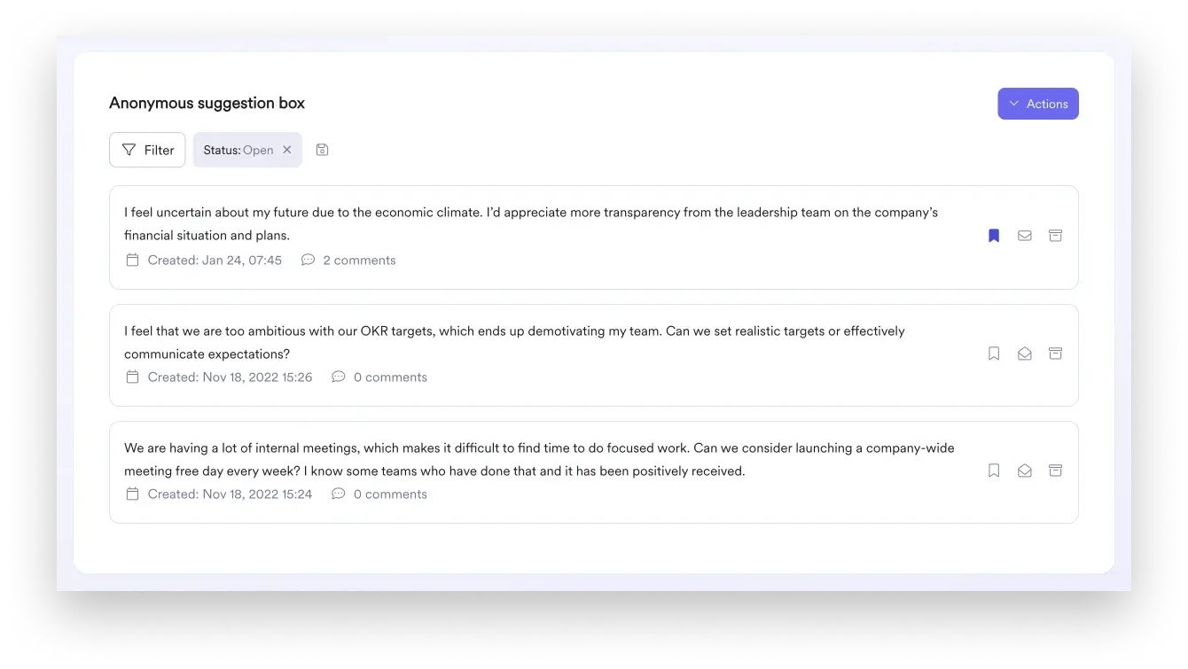 Ein Screenshot der anonymen Ideenbox von Leapsome.