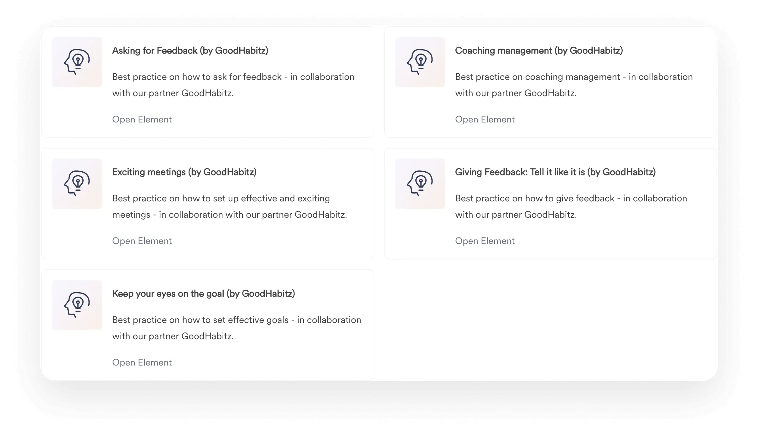 A screenshot of an interface from Leapsome's Learning module that shows a selection of GoodHabitz courses.
