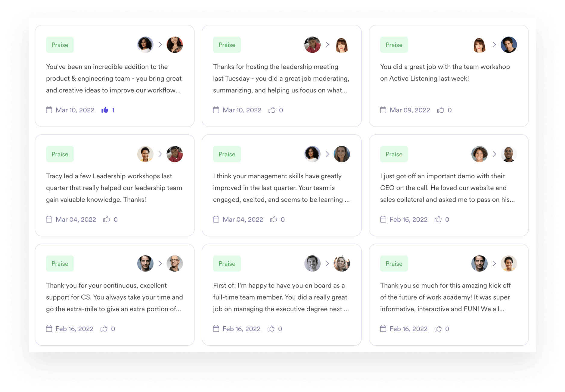 A screenshot of a Praise Wall interface within Leapsome Instant Feeback.