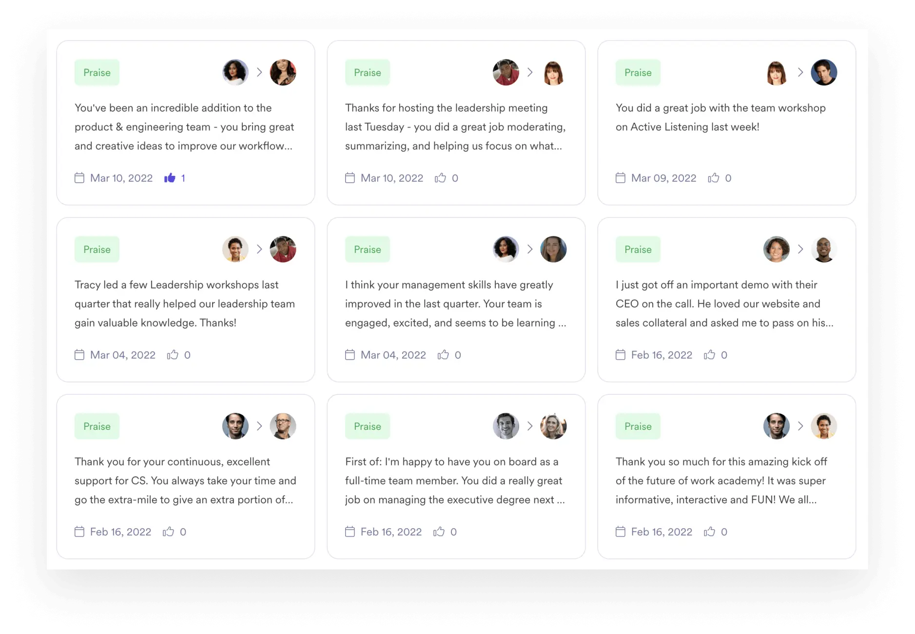 A screenshot of an interface within Leapsome's Instant Feedback module that shows team members providing feedback to a colleague.