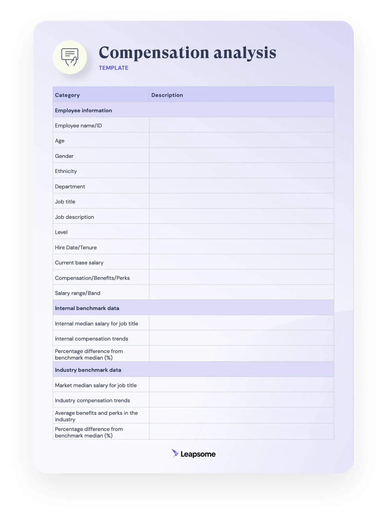 A screenshot of page one of Leapsome's Compensation Analysis Template.