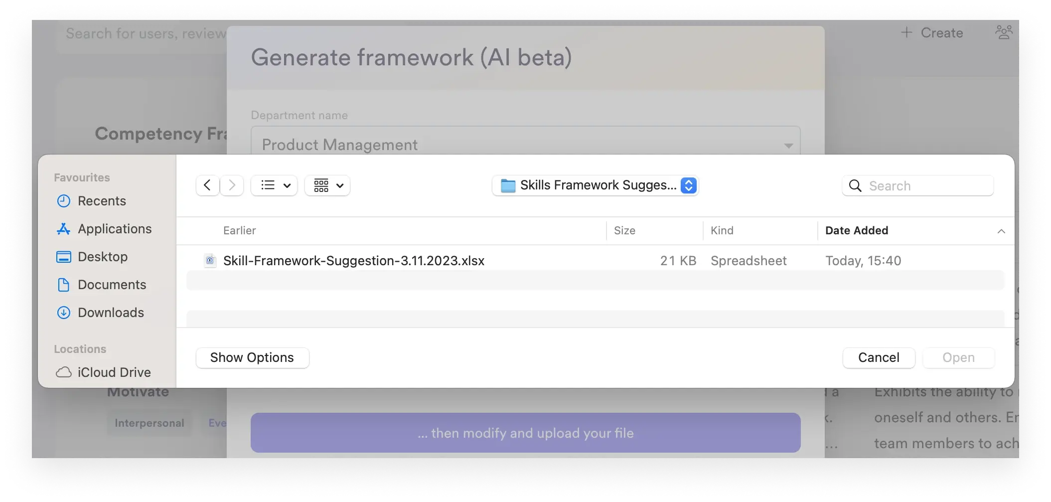 A screenshot of Leapsome's AI feature for generating competency frameworks.