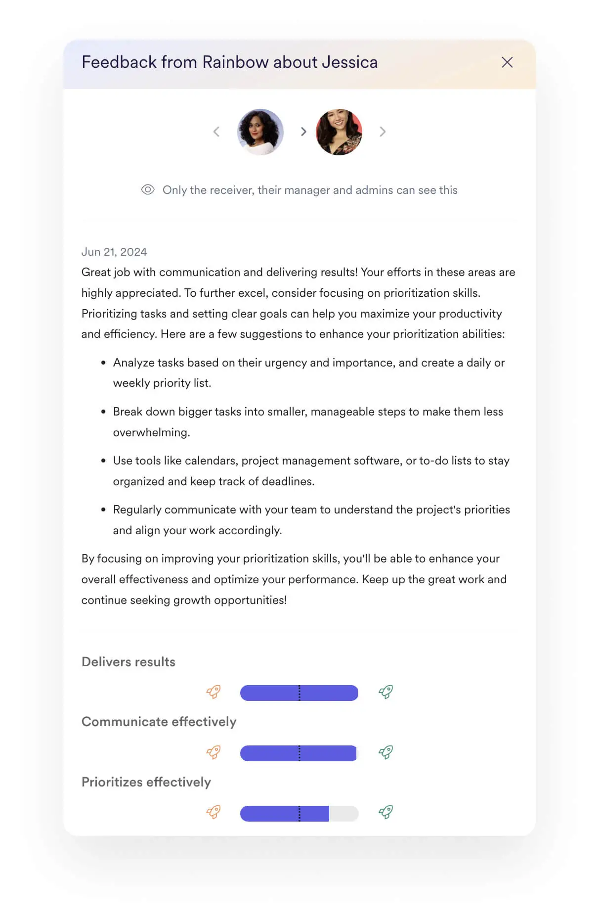 A screenshot of feedback from Leapsome's Instant Feedback tool