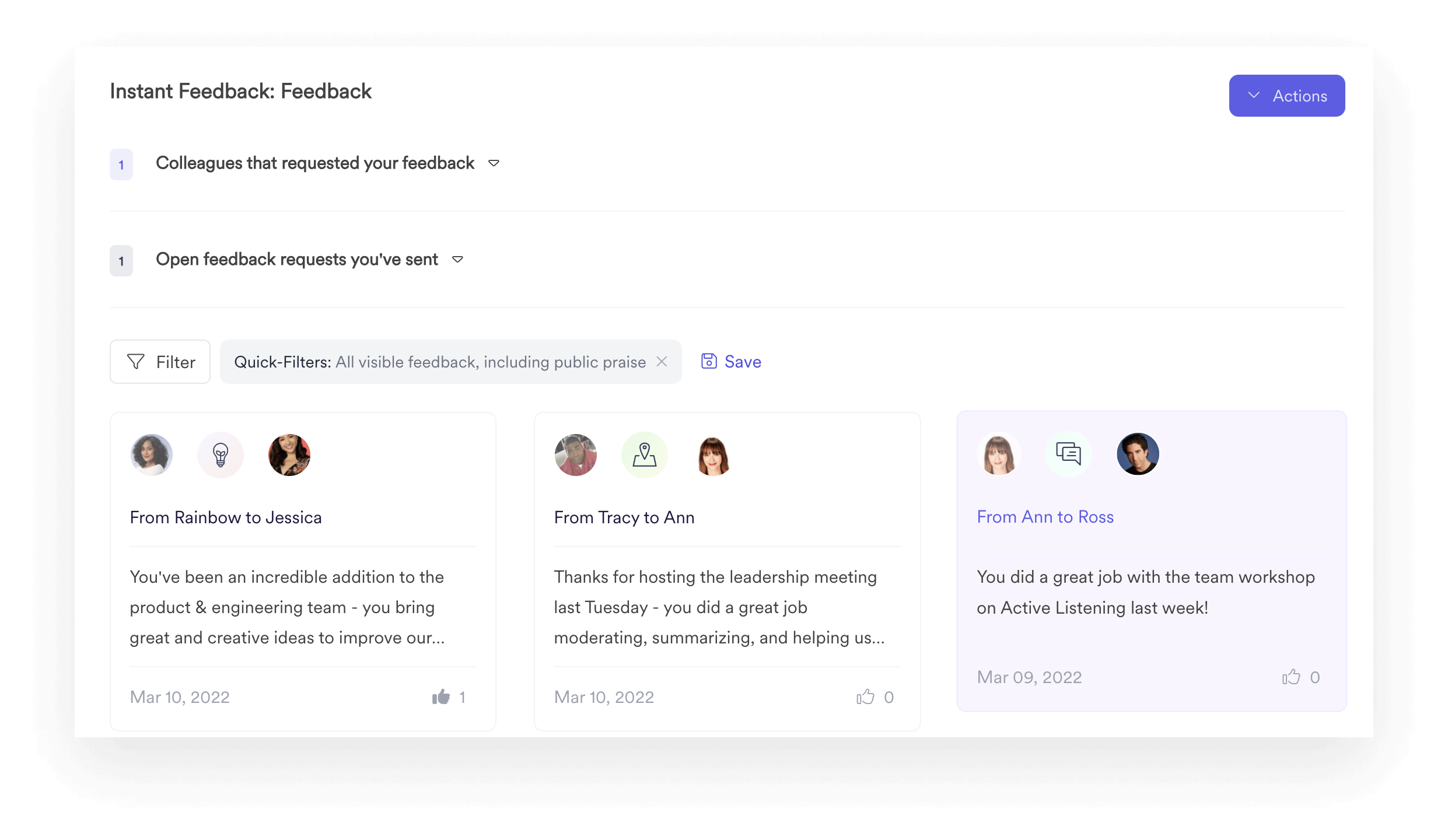 A screenshot of a feedback request dashboard within Leapsome Instant Feedback.