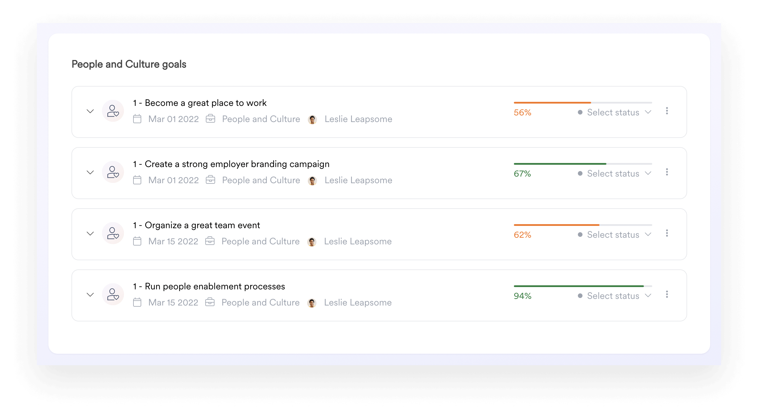 Screenshot eines Dashboards aus dem Leapsome-Goals-Modul mit einer vierteiligen Liste von People-und-Culture-Zielen, übersichtlich für einfache Navigation und Zugriff.