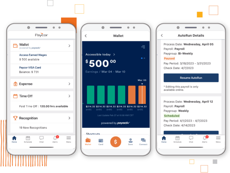 A screenshot of different Paycor interfaces viewed on mobile.