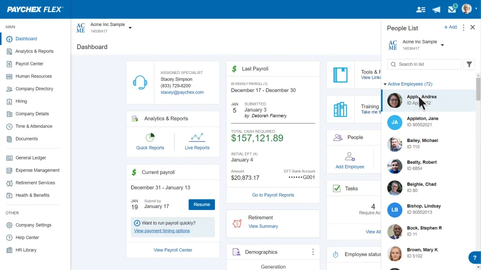 Screenshot of the Paychex Flex platform interface.