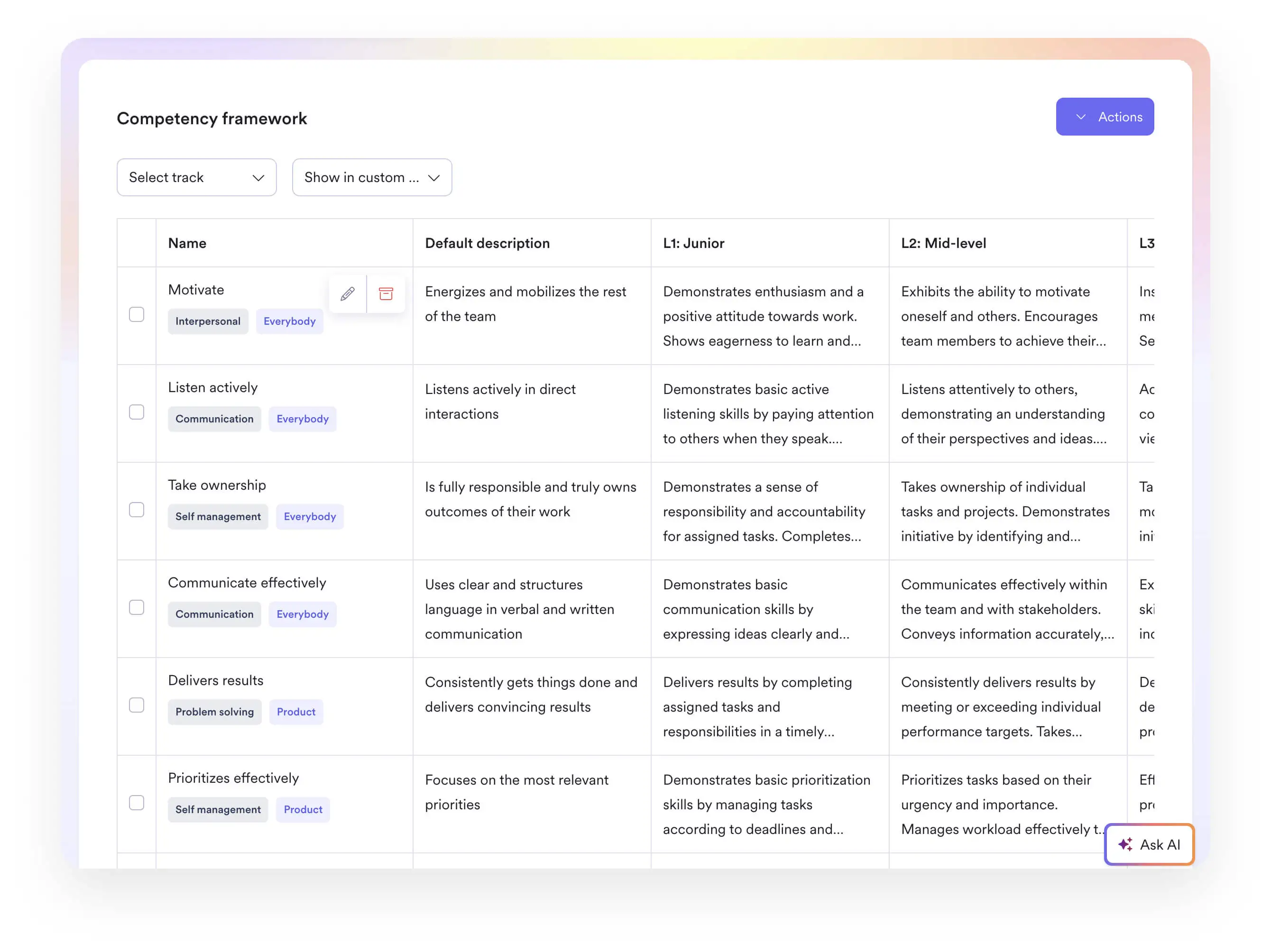 A screenshot of Leapsome's Competency Framework feature.