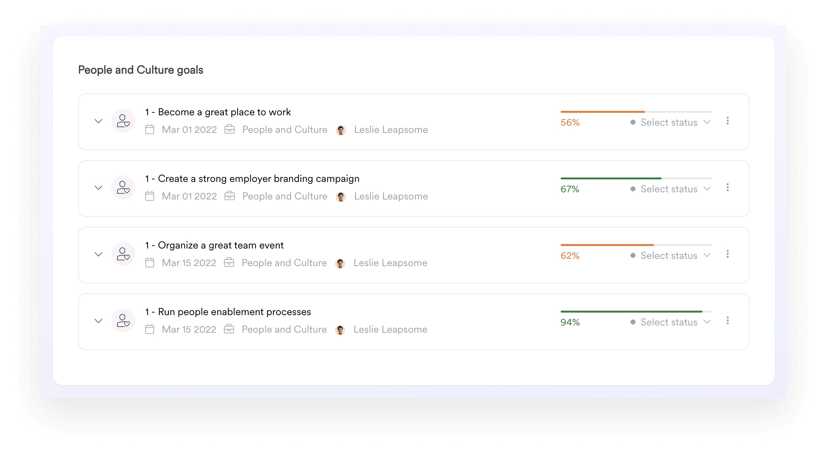 A screenshot of team goals within Leapsome Goals.