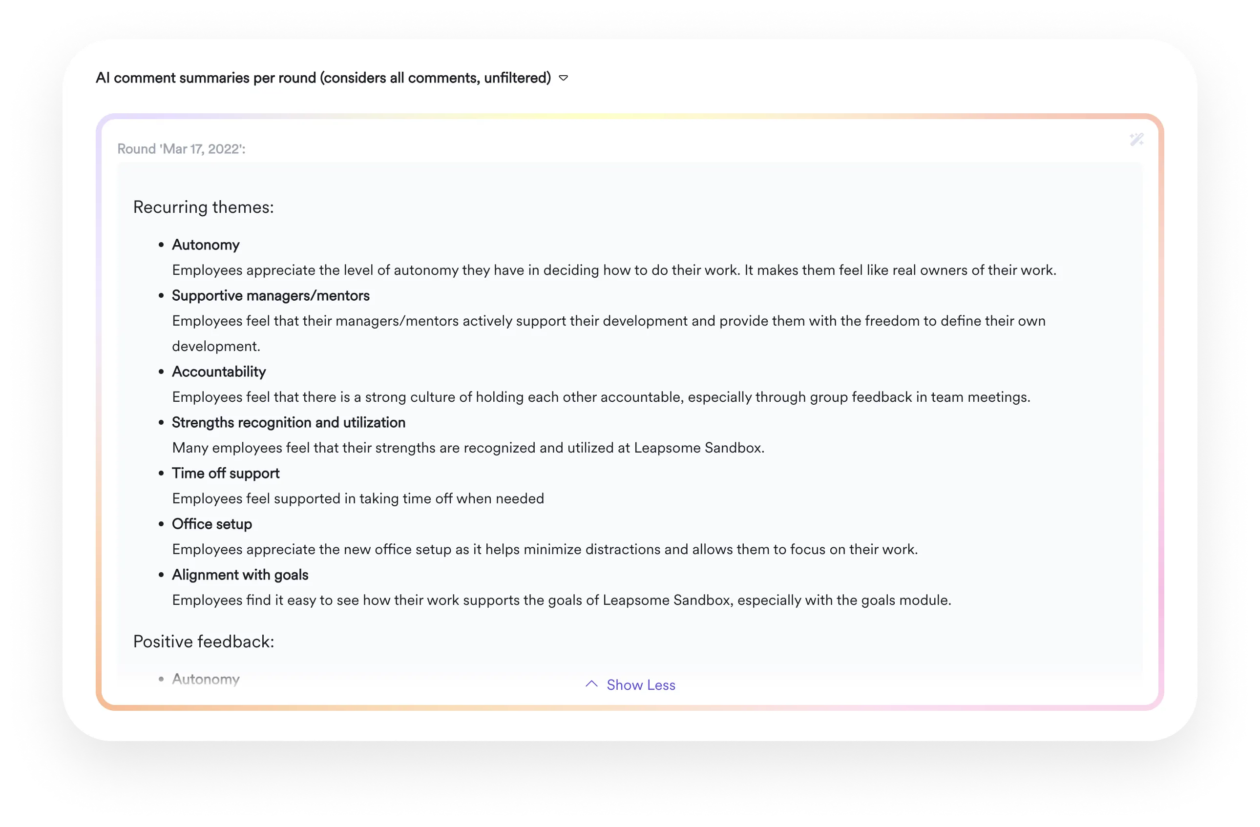 Screenshot of an AI-generated comment summary from feedback within Leapsome Surveys.