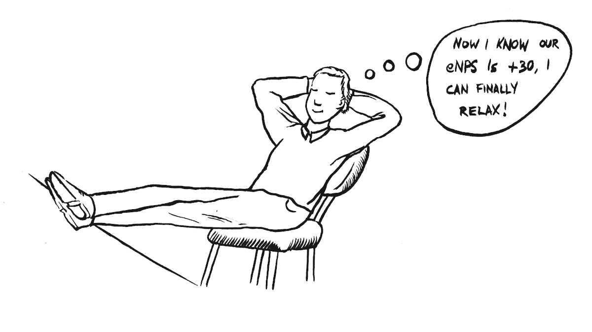 Humorvolle Illustration eines Characters mit einer Denkblase, in der steht: Jetzt, wo ich weiß, dass unser eNPS 30 ist, kann ich endlich entspannen!