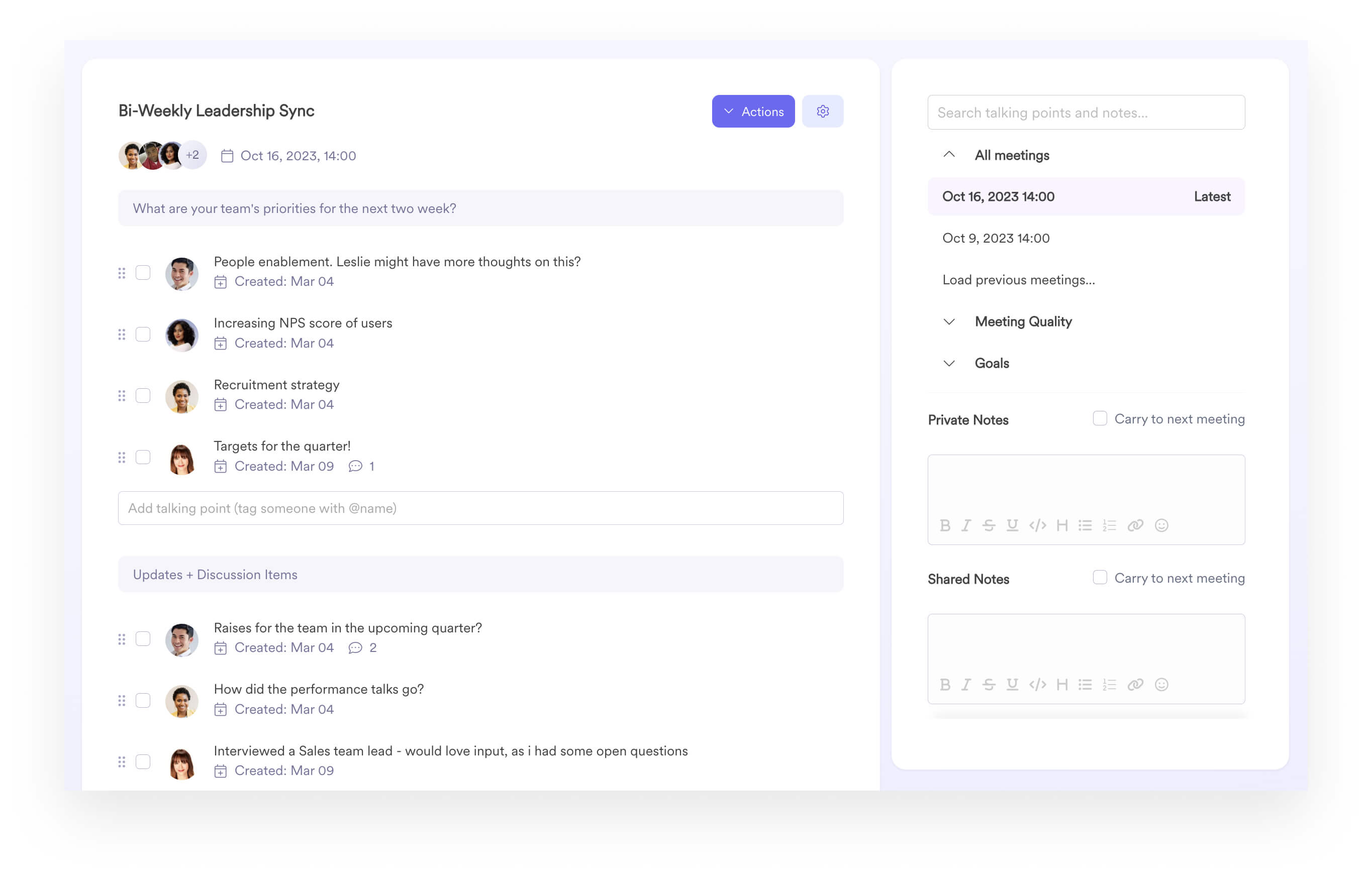 A screenshot of a bi-weekly leadership sync interface within Leapsome Meetings.