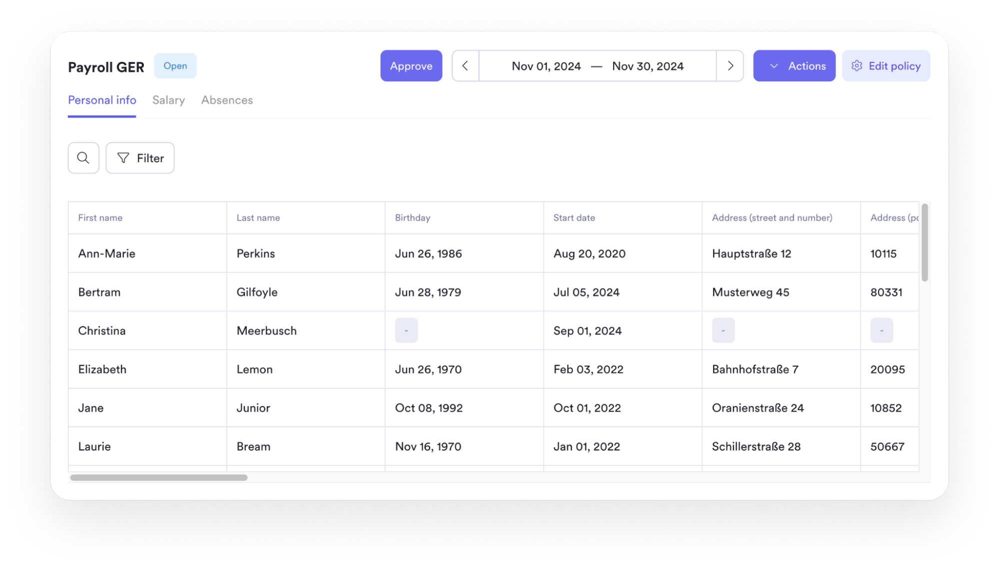 A screenshot of an interface from Leapsome's payroll tool.