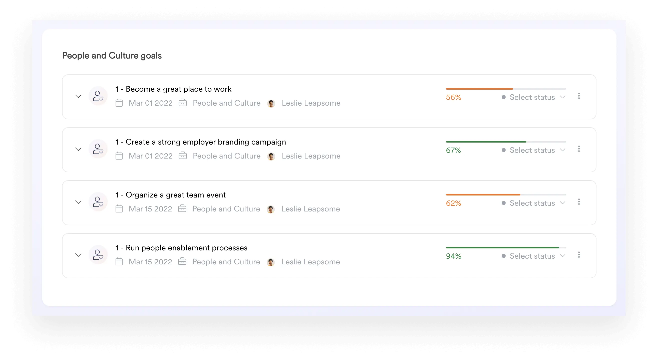 A screenshot of Leapsome’s goal management feature with progress bars.