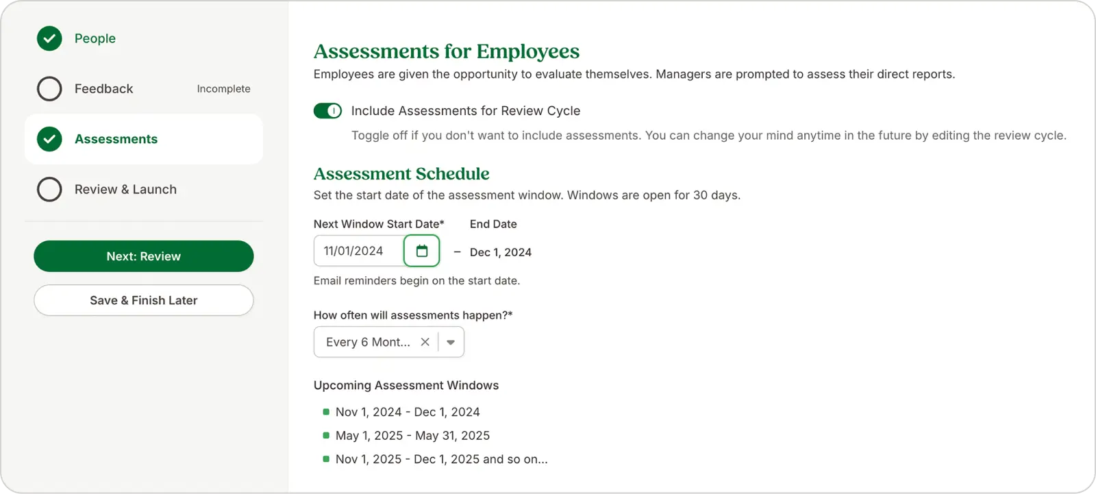Image of BambooHR's Performance Management platform, showing an example setup of an assessment schedule.