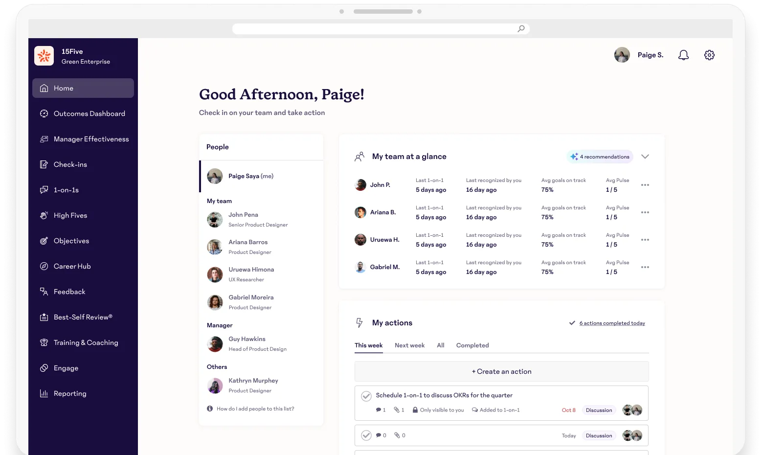 Screenshot eines beispielhaften Manager-Dashboards in der 15Five-Plattform.