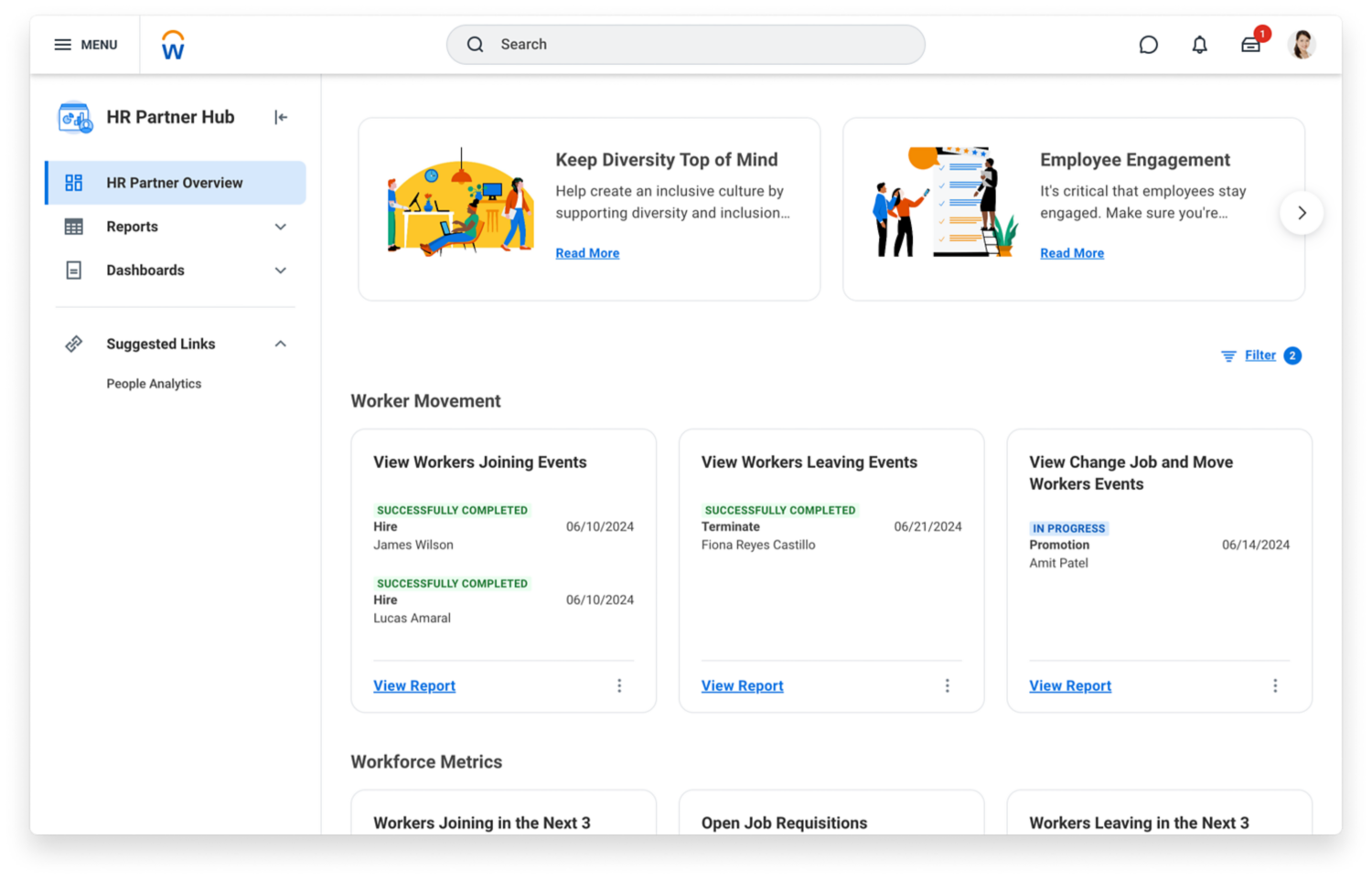Screenshot der Workday-HCM-Oberfläche mit einem Beispiel eines HR Partner Hub.