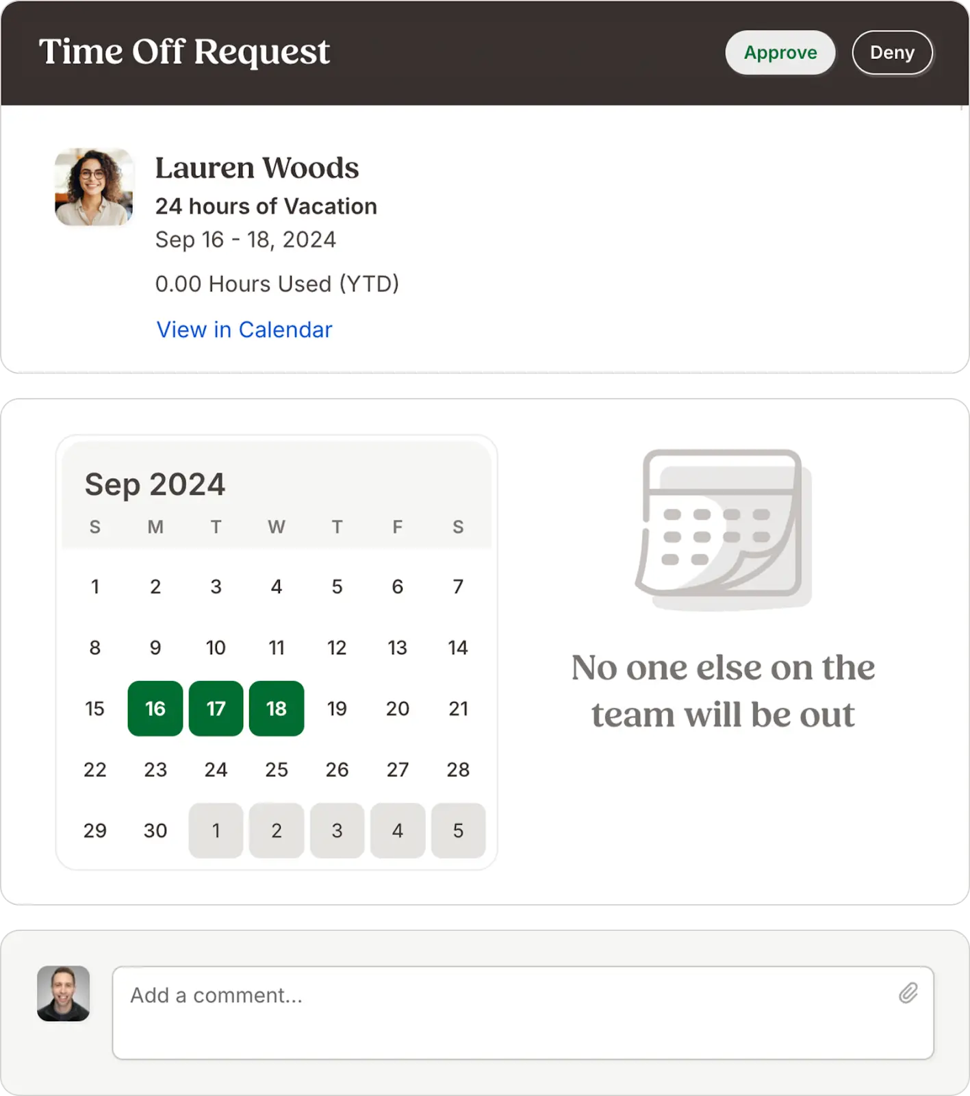 A screenshot of an interface from BambooHR's paid time off (PTO) tool, showing an example time off request and team calendar.