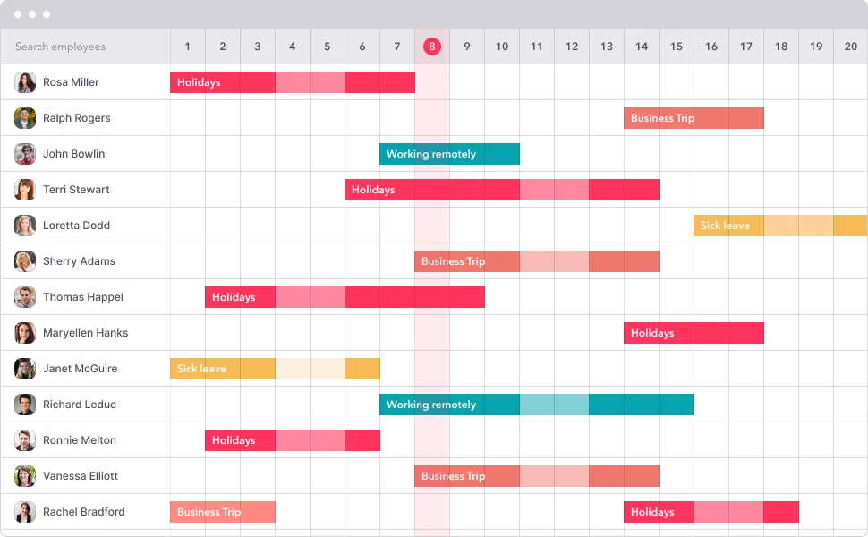 Screenshot of Factorial's PTO software platform, showing a team holidays calendar.