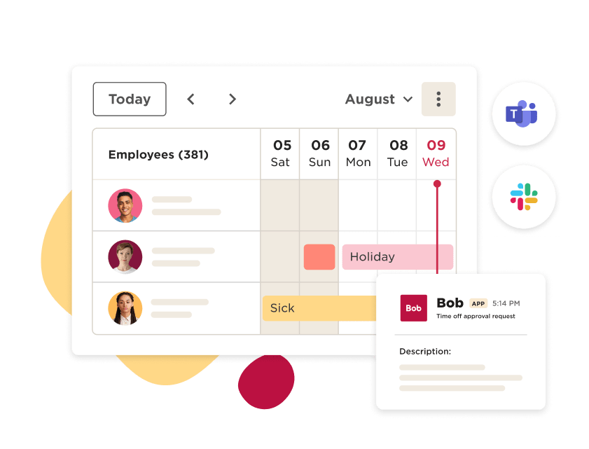 Two product images of the HiBob Time Off system, showing an example of a shared absence calendar and a time off approval request.