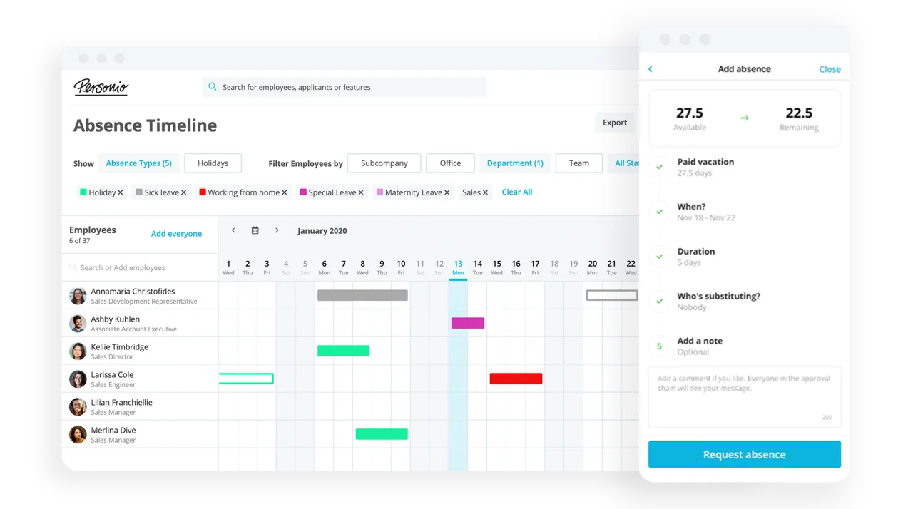 A combination of two product images from Personio's absence management tool, featuring an absence timeline and absence request.
