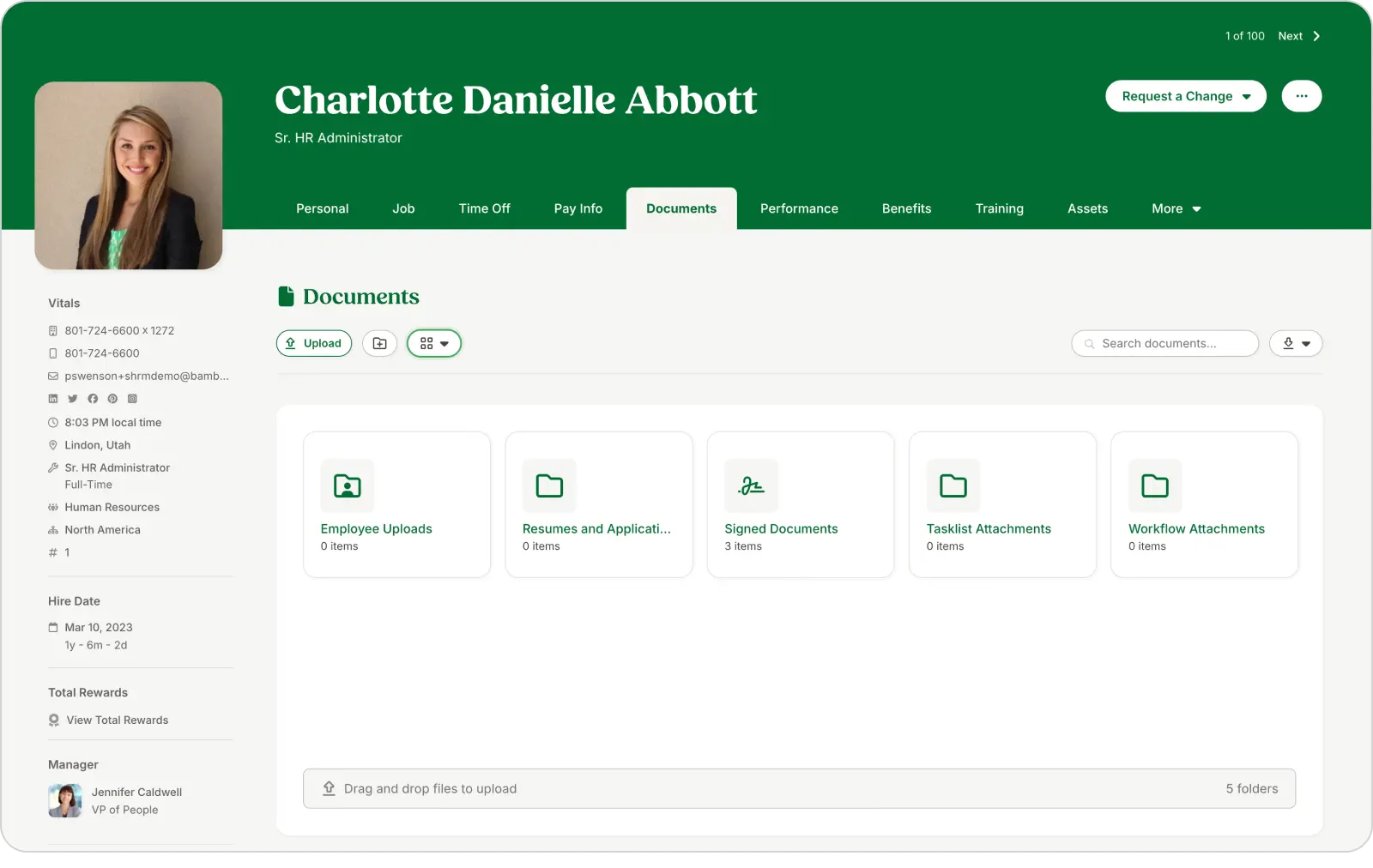 A screenshot of BambooHR's employee file management interface.