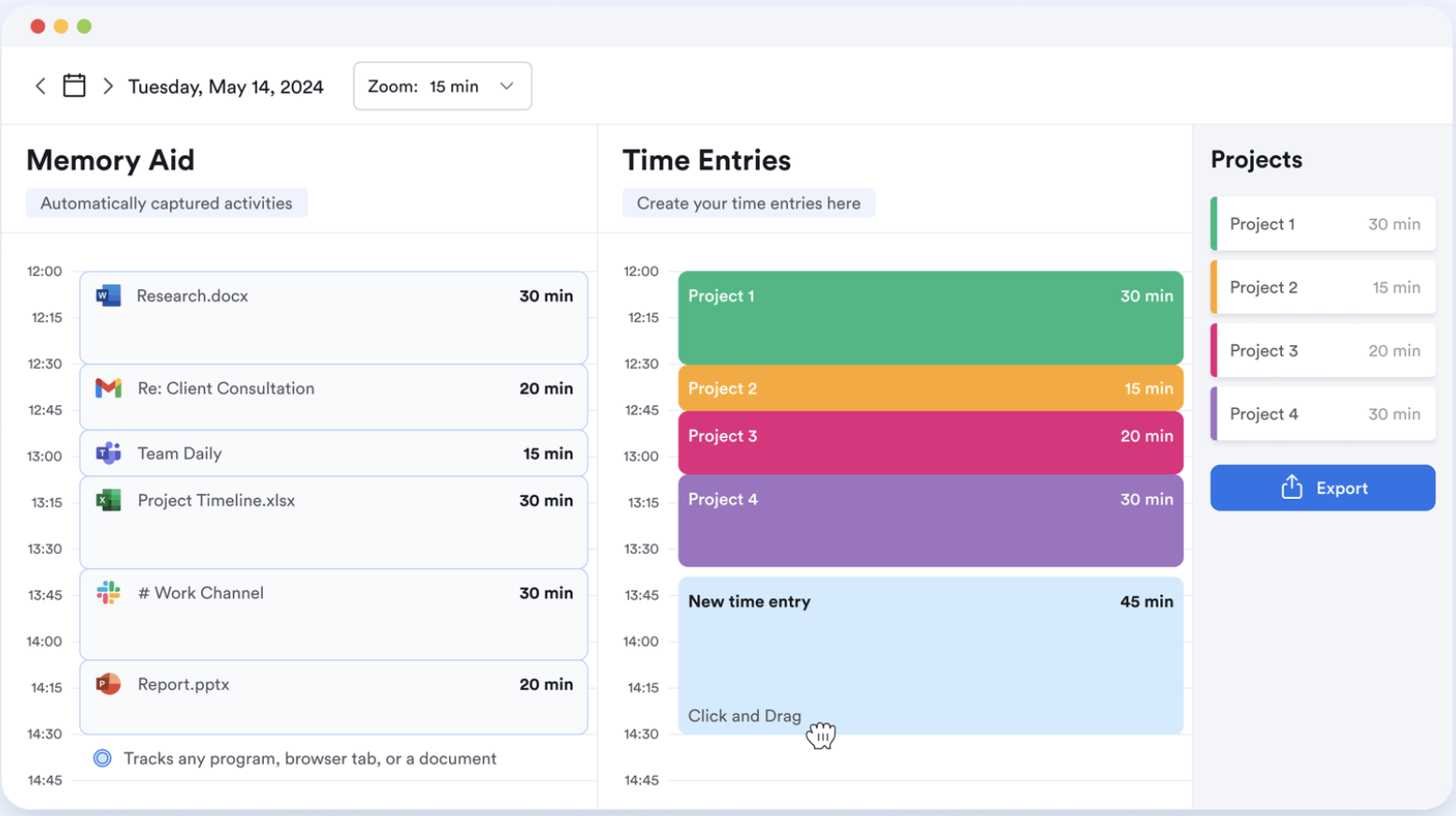 A screenshot of a Memtime dashboard showing the Memory Aid feature and Time Entries.