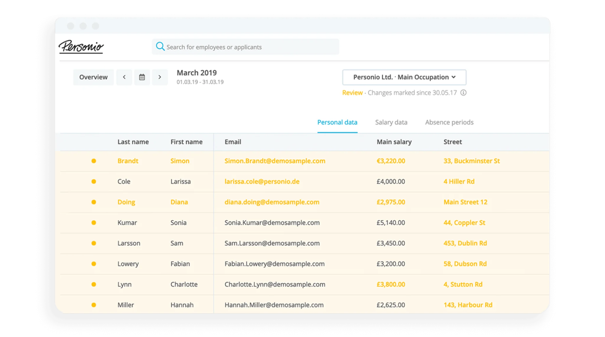 A screenshot of Personio's employee data feature.