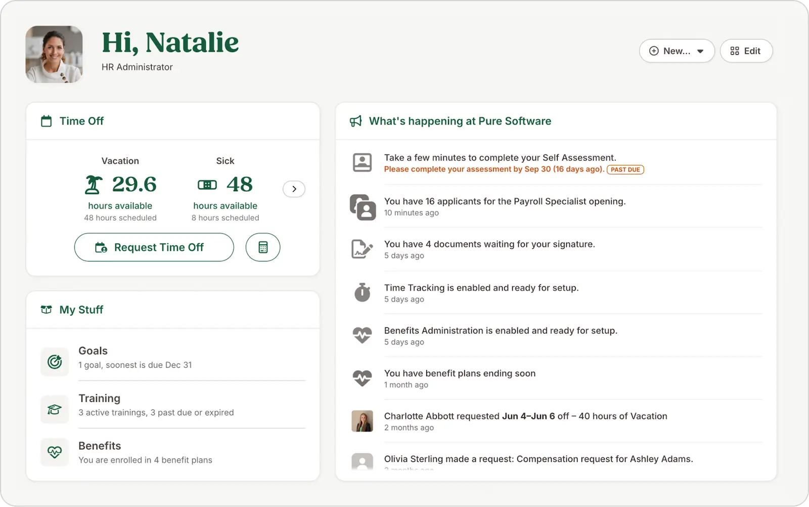 Screenshot of an example BambooHR dashboard for an HR administrator, showing time off and company updates. 