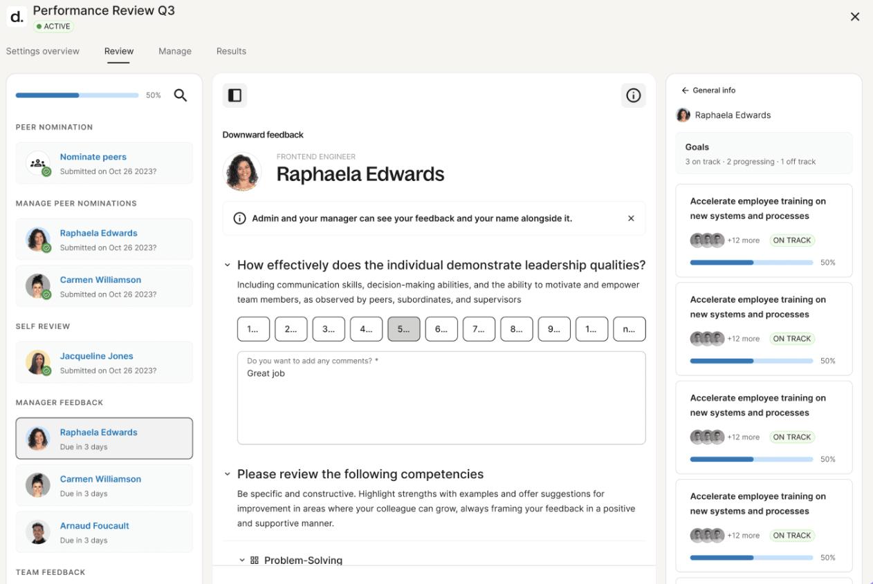 A screenshot showing Deel's performance review dashboard.
