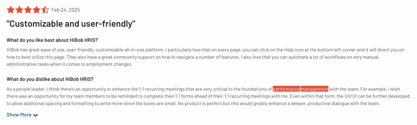 A screenshot of a HiBob review on G2.