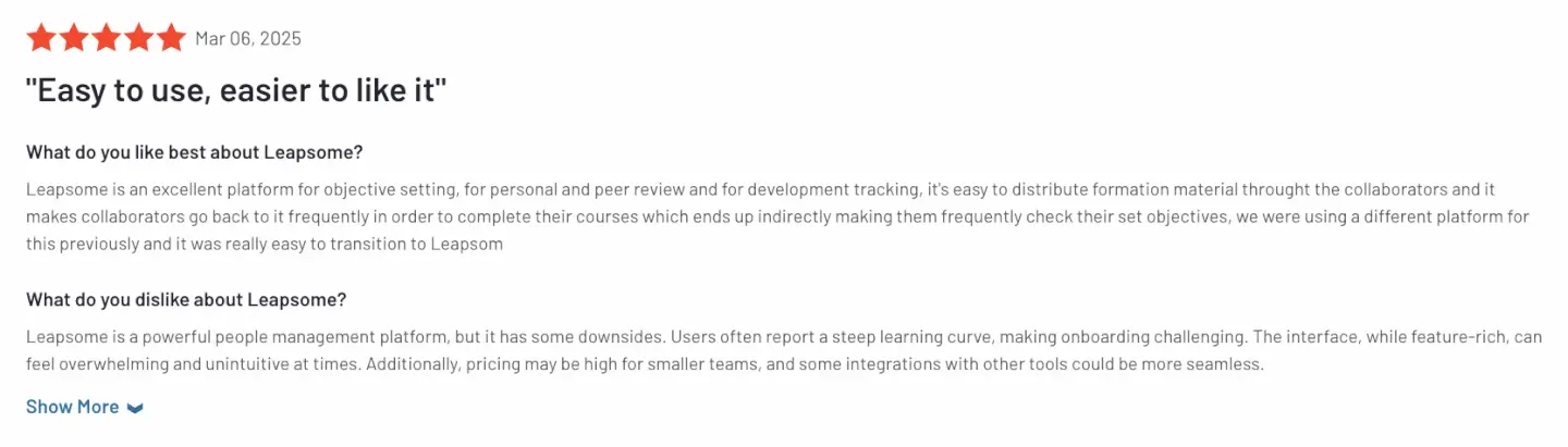 A screenshot of a Leapsome review on G2.