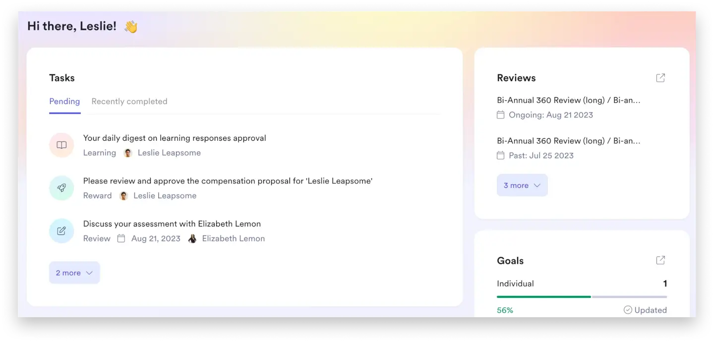 Screenshot of the Leapsome dashboard