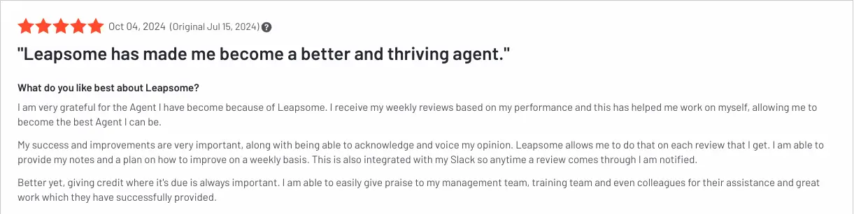 Screenshot of a positive, 5-star review left on G2 about Leapsome's performance management features.