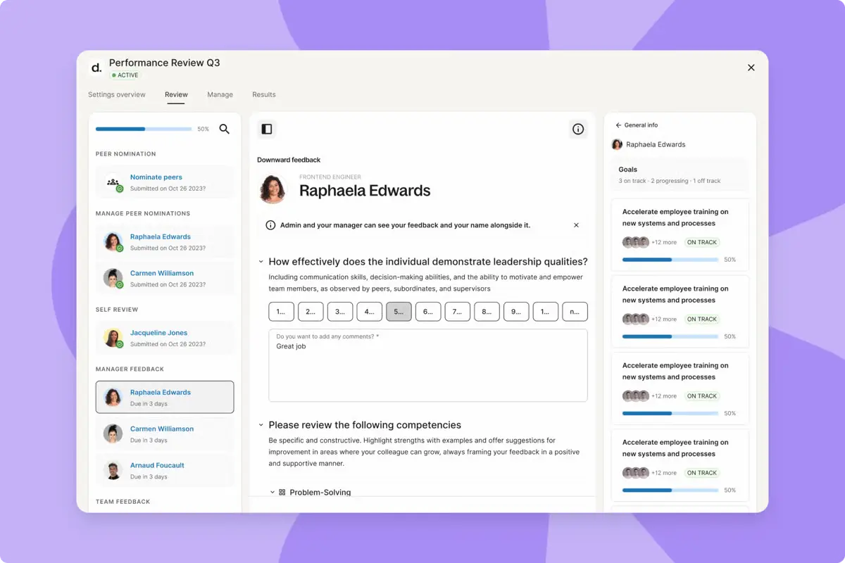 A screenshot of a product image showing an employee's feedback review and goals dashboard on the Deel platform.